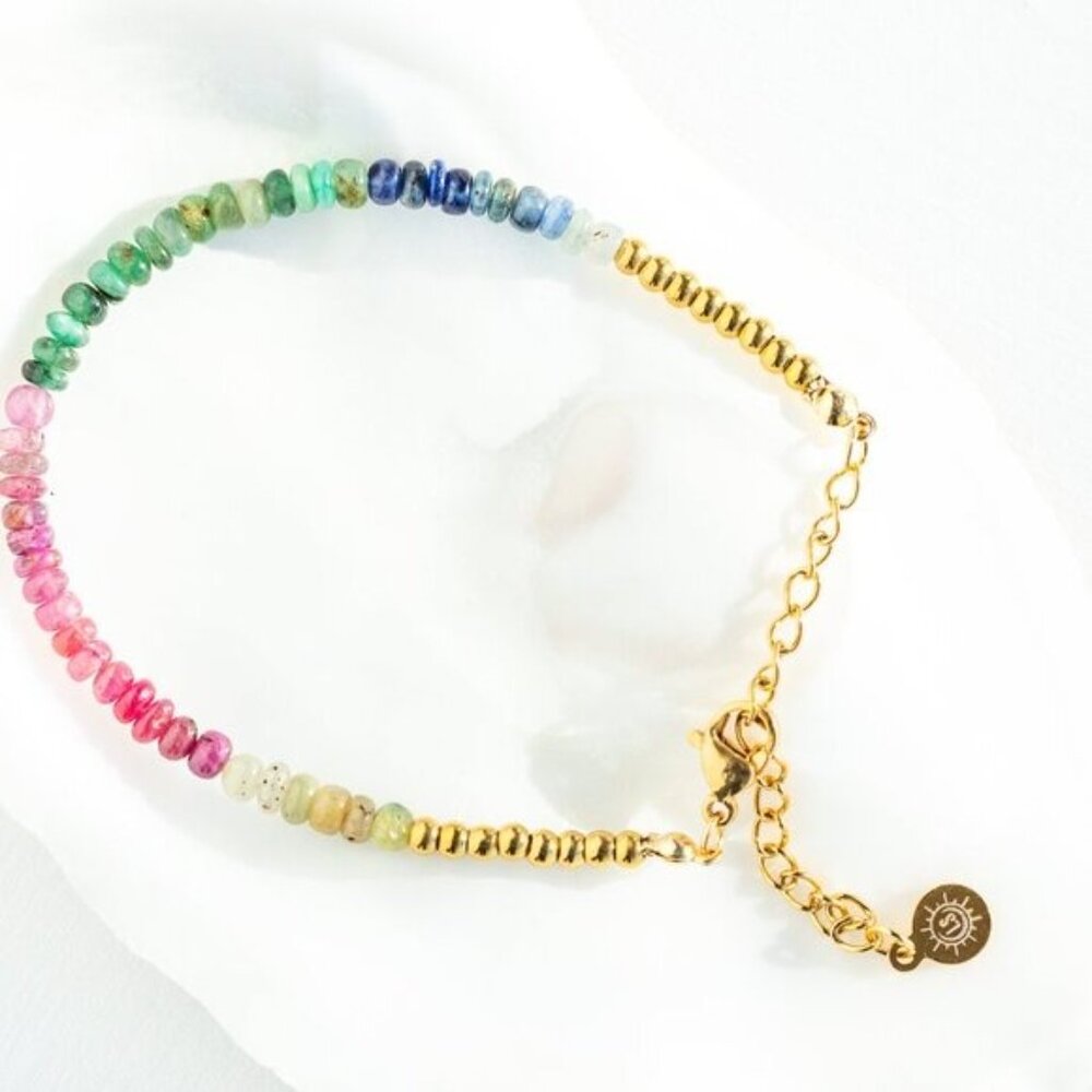 GORGEOUS Rainbow SAPPHIRE Beaded Bracelet Waterproof Gold Non-Tarnish Bracelet